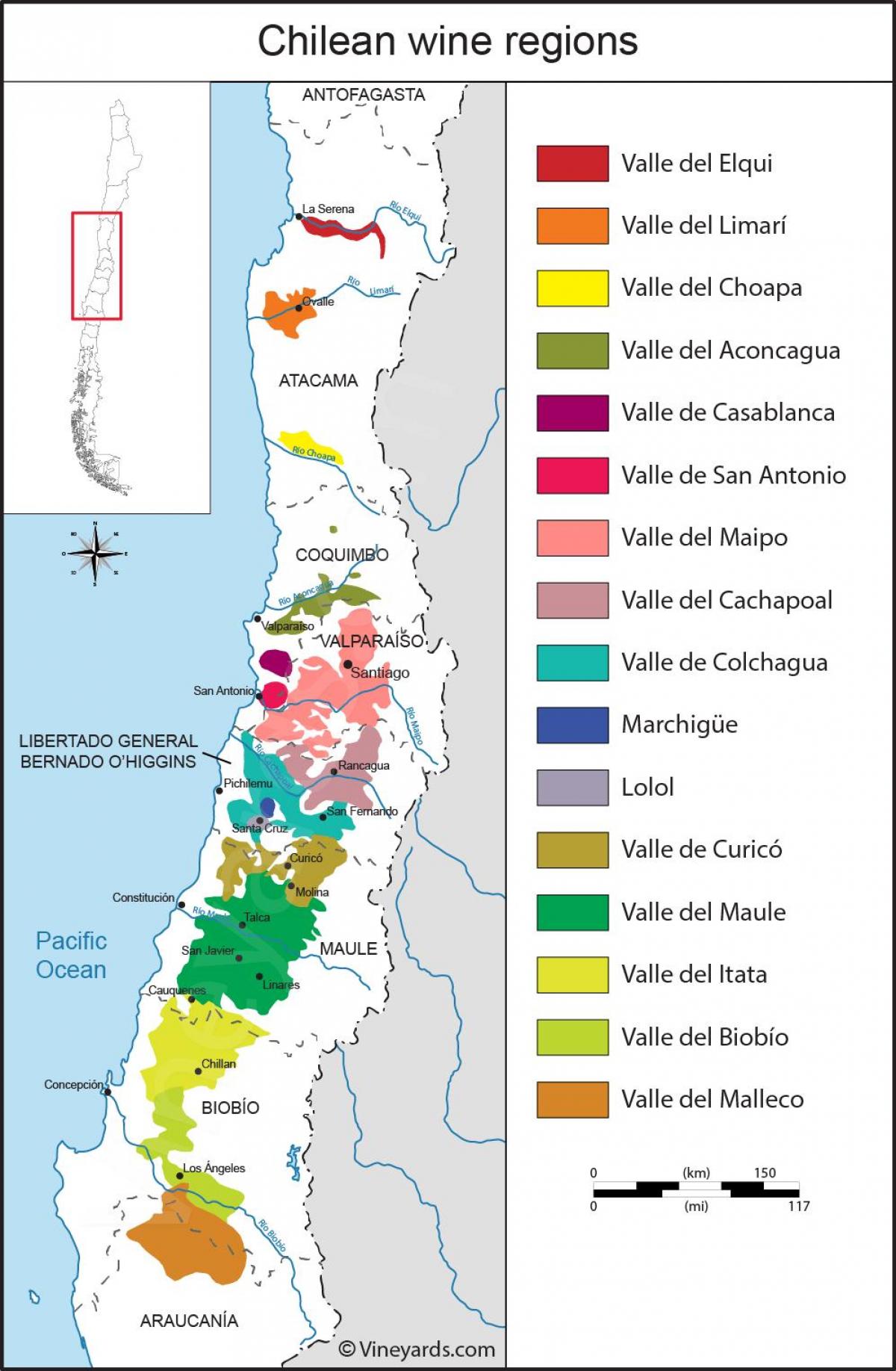 Mapa de las regiones vitivinícolas de Chile 